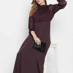 Madame Solid Mandarin Satin Maxi Dress Wine Beaded Shimmer M UK 12